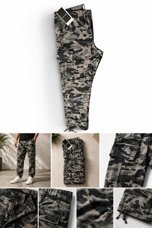 JACK & JONES Men’s Camo Cargo Pants – Regular Fit Cotton Utility Trousers | Grey Camouflage