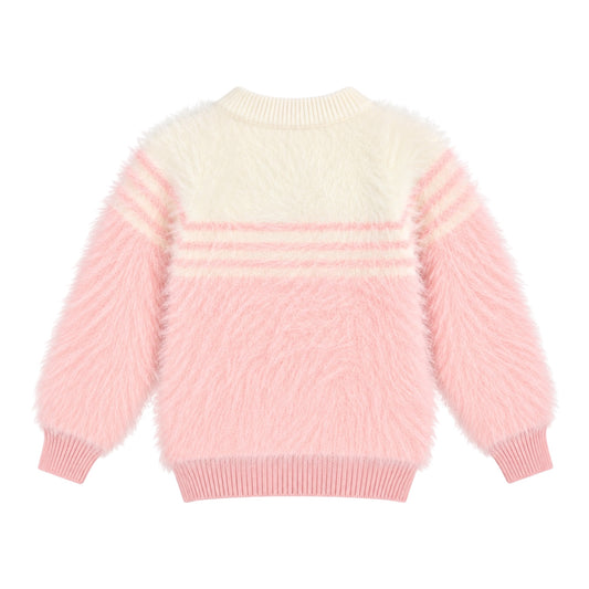 Girls’ Fuzzy Knit Sweater – Pink & Cream Striped