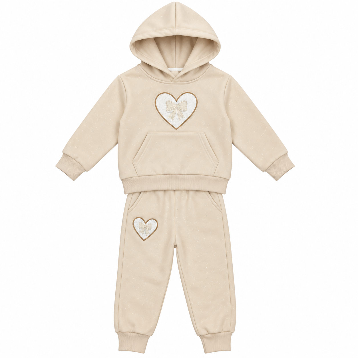 Girls’ Beige Heart & Bow Hoodie Tracksuit Set