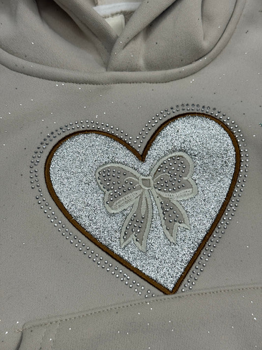Girls’ Beige Heart & Bow Hoodie Tracksuit Set