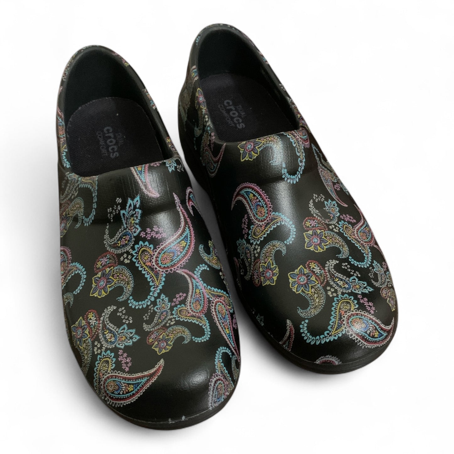 Crocs Dual Comfort Neria Pro Black Paisley Clogs | Condition Excellent Like Brand-New | Size US W5 | EU 35-36 | Product # 205385