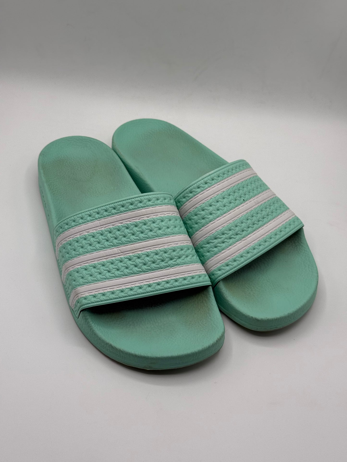 Adidas Adilette slides in a vibrant mint green Slides | Excellence Condition | Size UK8 EU 42 | Made In Italy | 100% Original | Pre-Loved
