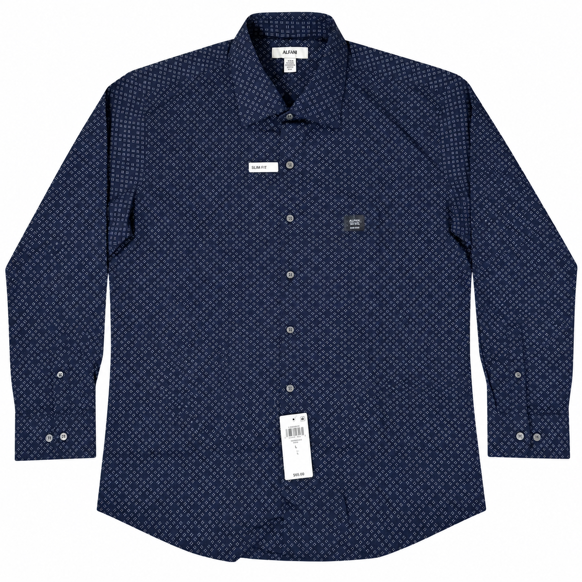 ALFANI MEN’S SLIM FIT NAVY BLUE ALL-OVER DIAGONAL DASH PRINT DRESS SHIRT