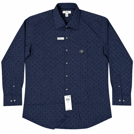 ALFANI MEN’S SLIM FIT NAVY BLUE ALL-OVER DIAGONAL DASH PRINT DRESS SHIRT