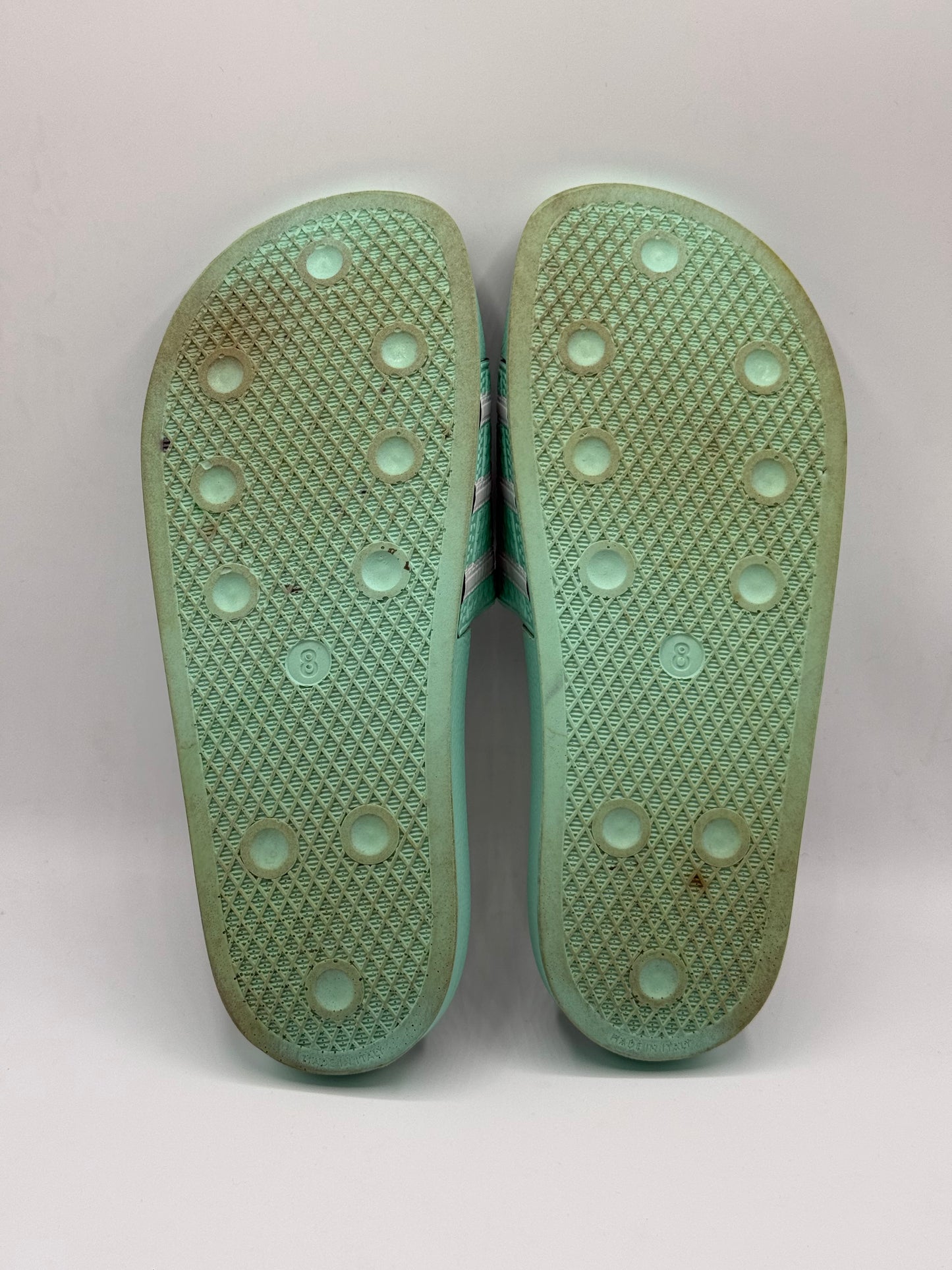 Adidas Adilette slides in a vibrant mint green Slides | Excellence Condition | Size UK8 EU 42 | Made In Italy | 100% Original | Pre-Loved