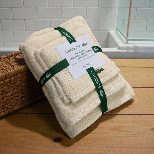 LACOSTE HERITAGE SUPIMA COTTON TOWEL SET | 6 PIECE | 2 BATH TOWELS | 2 HAND TOWELS | 2 WASHCLOTHS | CHALK COLOR