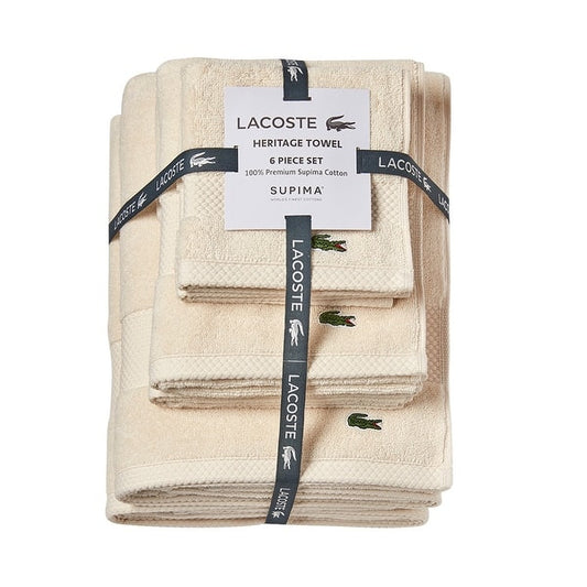 Lacoste Heritage Supima 100% Cotton 6 Piece Towel Set - Chalk