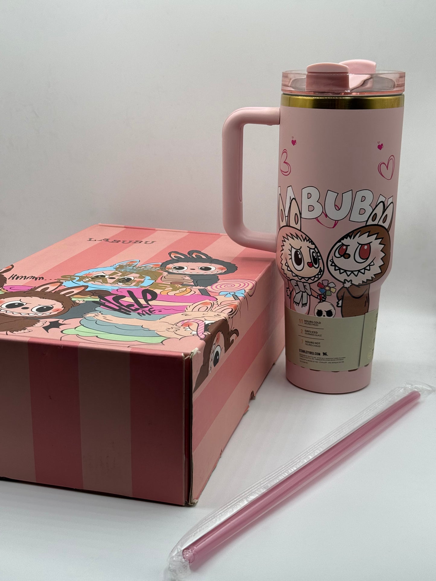 Stanley Quencher Pink LABUBU Lovebu Tumbler 40oz (1.18L) – Insulated Travel Mug with Handle & Straw