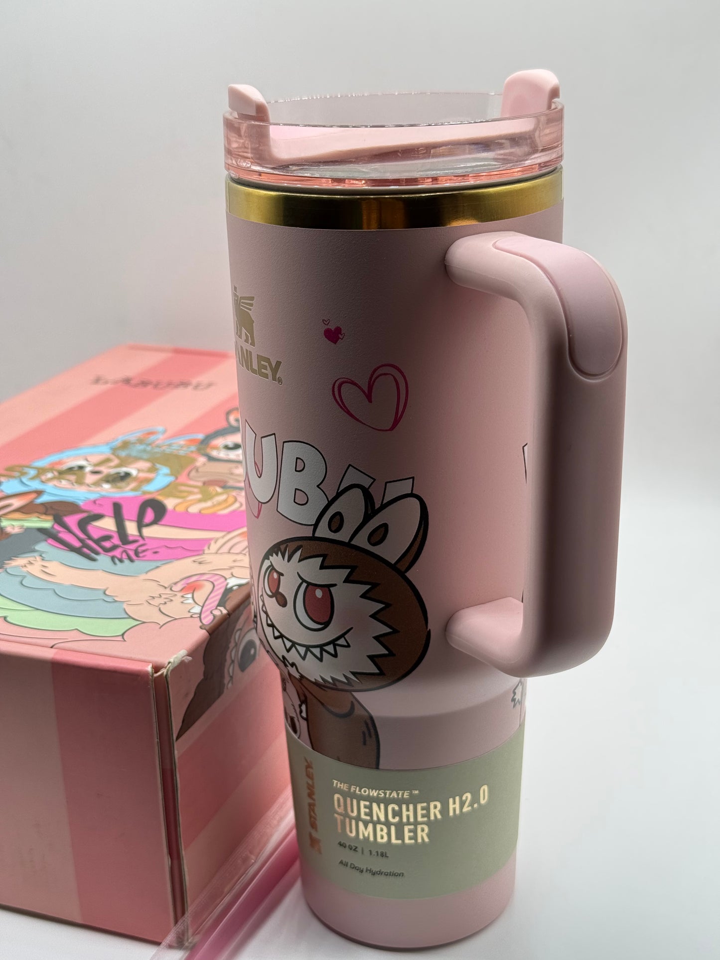 Stanley Quencher Pink LABUBU Lovebu Tumbler 40oz (1.18L) – Insulated Travel Mug with Handle & Straw