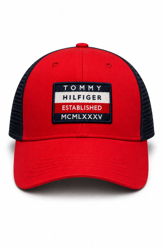 Tommy Hilfiger Style Trucker Cap – Red & Navy Mesh Baseball Cap, Adjustable Snapback
