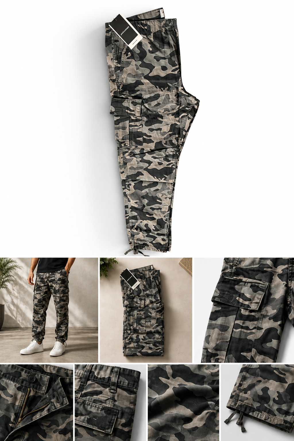 JACK & JONES Men’s Camo Cargo Pants – Regular Fit Cotton Utility Trousers | Grey Camouflage