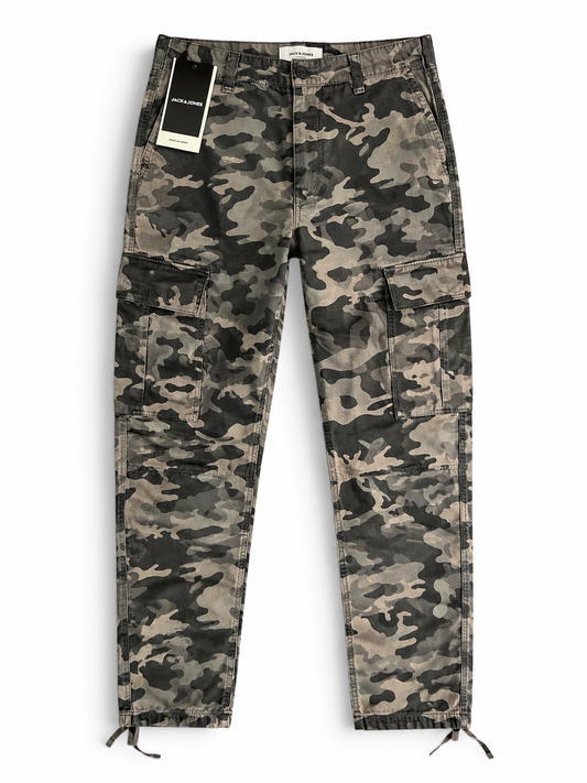 JACK & JONES Men’s Camo Cargo Pants – Regular Fit Cotton Utility Trousers | Grey Camouflage