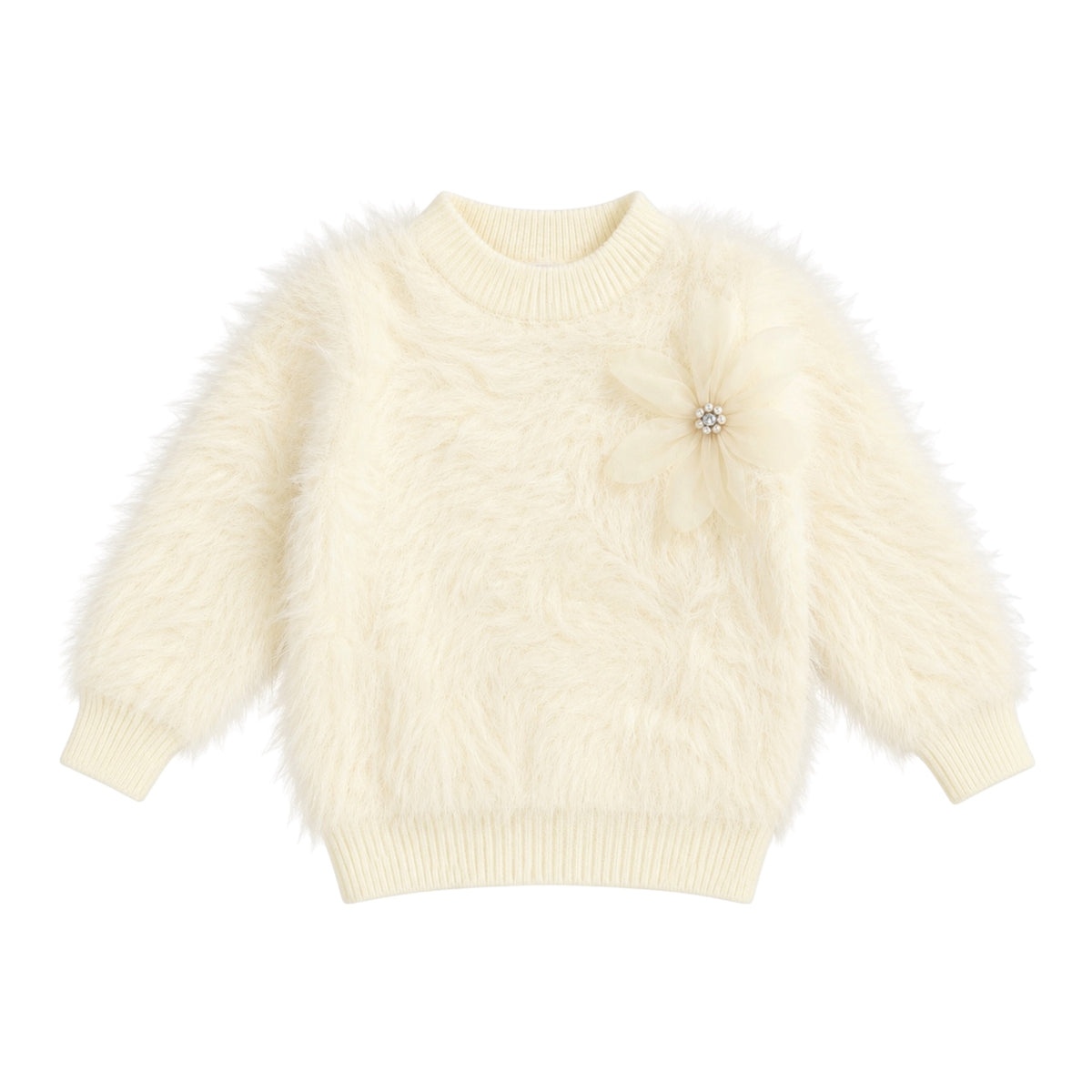 Fuzzy Knit Sweater with Floral Brooch – Cream