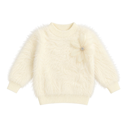 Fuzzy Knit Sweater with Floral Brooch – Cream