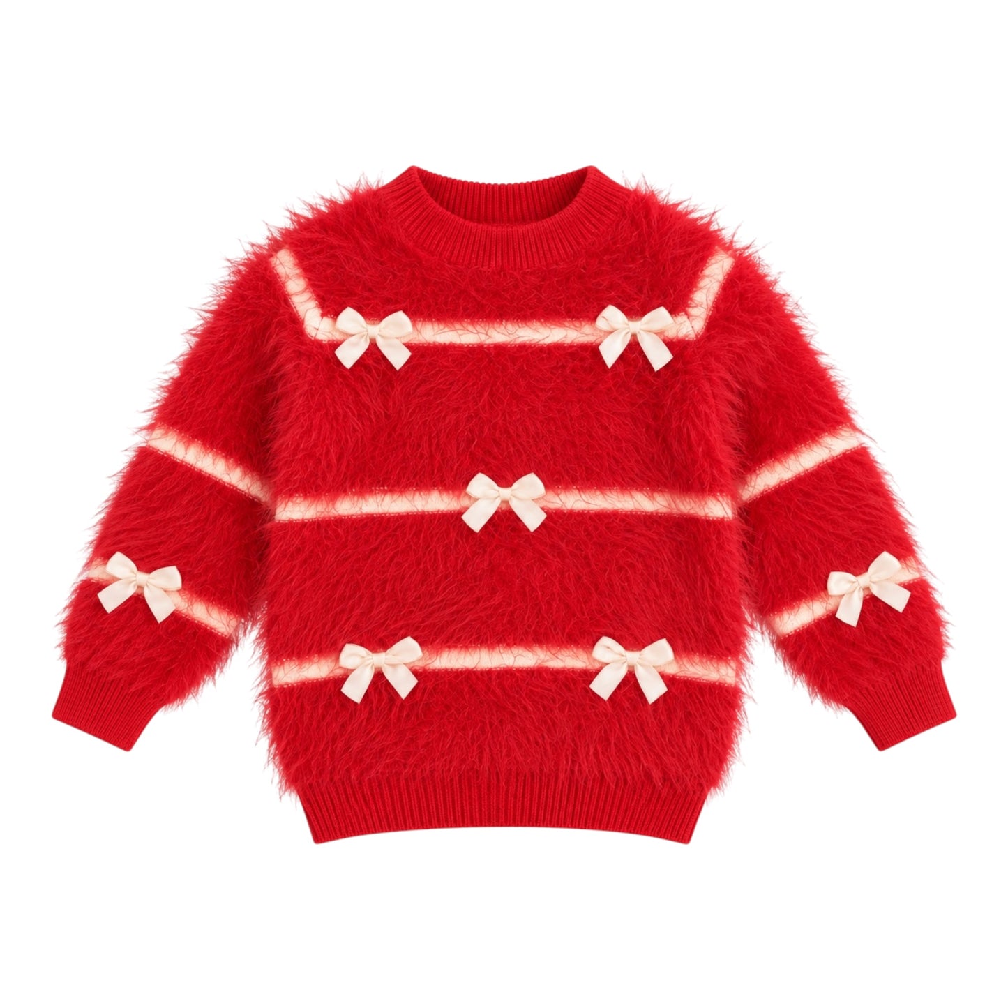 Girls’ Red Fuzzy Knit Sweater with Bow Details
