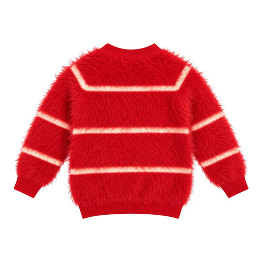 Girls’ Red Fuzzy Knit Sweater with Bow Details