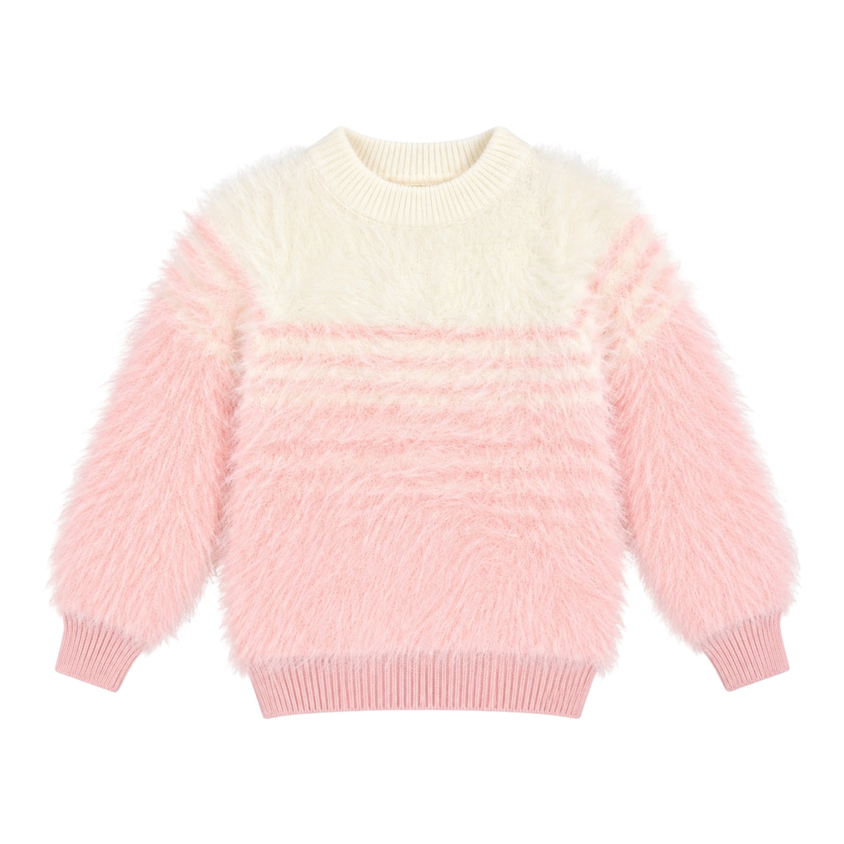 Girls’ Fuzzy Knit Sweater – Pink & Cream Striped