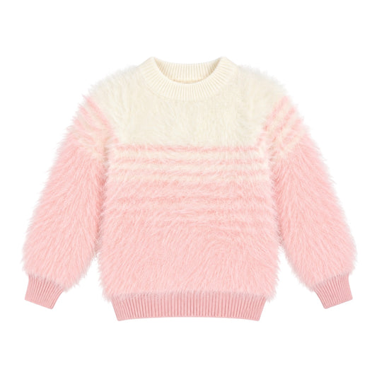 Girls’ Fuzzy Knit Sweater – Pink & Cream Striped