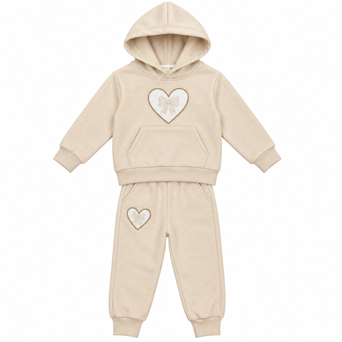 Girls’ Beige Heart & Bow Hoodie Tracksuit Set