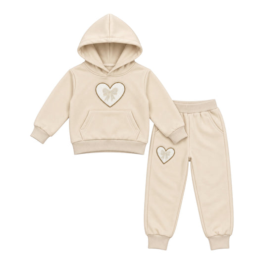 Girls’ Beige Heart & Bow Hoodie Tracksuit Set