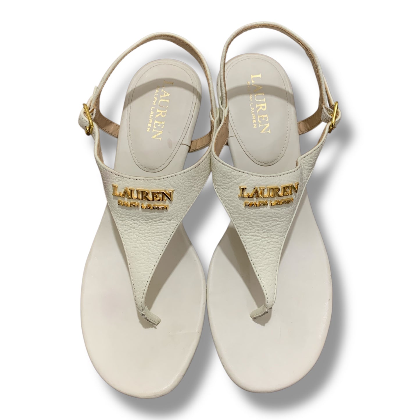 LAUREN RALPH LAUREN WESTCOTT WOMENS PEBBLED LEATHER LOGO THONG SANDALS | PRE-LOVED CONDITION EXCEPT 10/10 | SIZE US 7 | UK 5 | EU 38